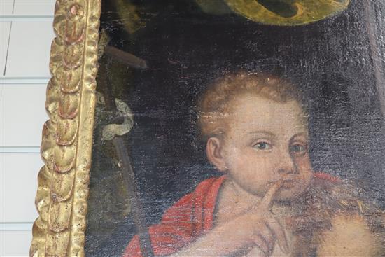 19th century Cusco School, oil on canvas laid on board, Holy family, 120 x 96cm